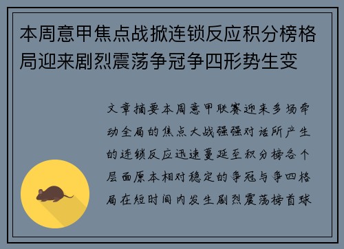 本周意甲焦点战掀连锁反应积分榜格局迎来剧烈震荡争冠争四形势生变